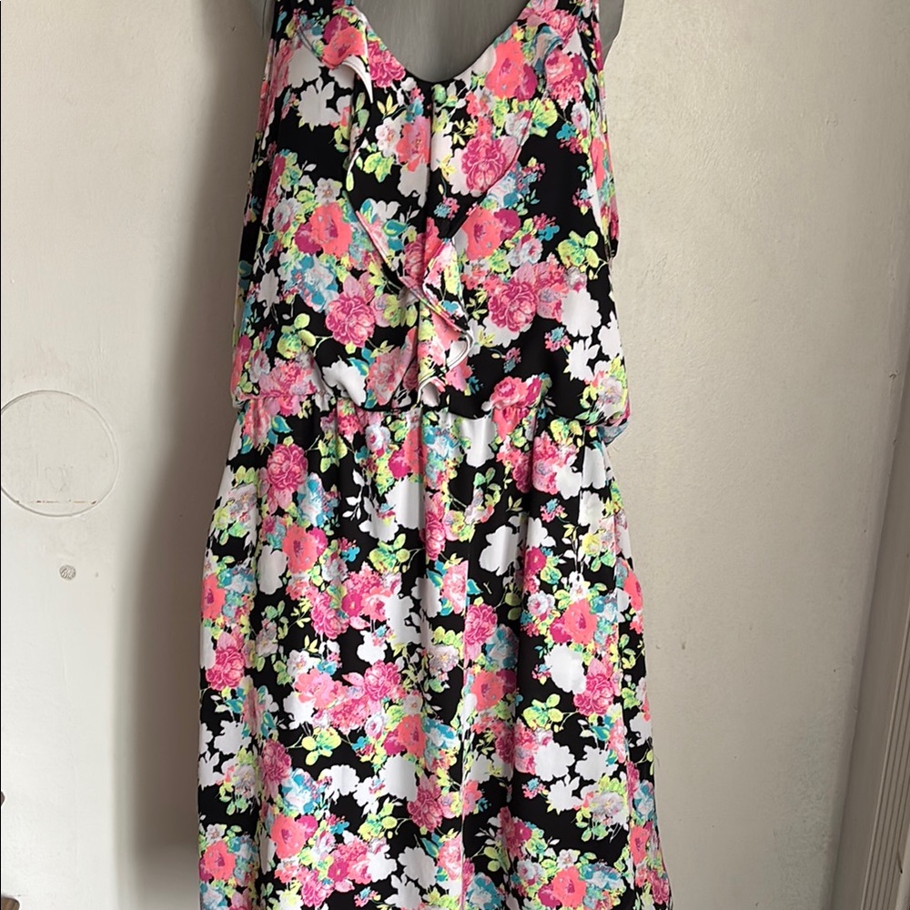 Xhilaration Floral High Low Dress - Black and Pink
